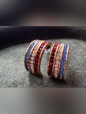 Gold over sterling silver hoops with Red, white and blue rhinestones